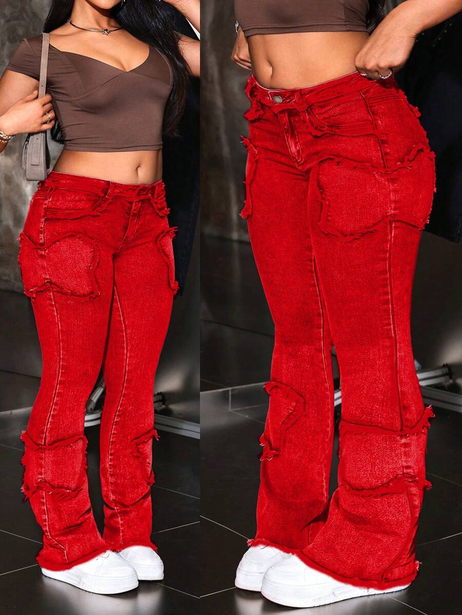 Jeanoix Damen Jeans in Große Größen mit ausgefranstem Saum und weitem Bein, lässige Mode - Rot - Übersicht 1