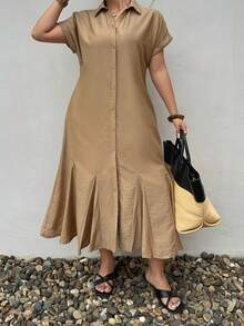 Dazy Plus Plus Size Fashionable Solid Color Versatile Collared Shirt Dress, Suitable For Commuting, Spring/Summer Sundress - Khaki - View 4