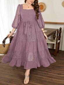 Lacomfia Plus Size Women's Square Neck Lantern Sleeve Tie-Waist Ruffle Hem Embroidery Patchwork Elegant Dress - Pink - View 4