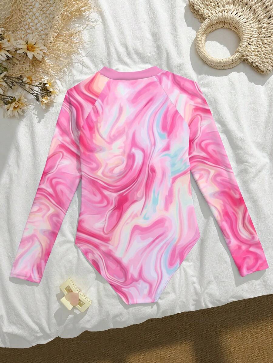 Pink Tie Dye Print Long Sleeve Swimsuit, Waist Hollow Design, Suitable For Beach Vacation, Swimming, Pool Party, Tween Girls One-Piece - White - View 1