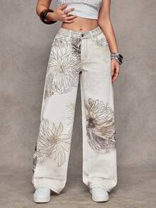 SHEIN Jeanoir Quần jeans ống rộng cạp thấp in hoa phong cách Y2K - trắng - Xem 4