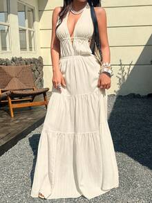 Sunnyshic Vestido con textura de albaricoque, plisado, escote en V profundo, halter, espalda descubierta, cintura ceñida, para mujer, primavera/verano, vacaciones, estilo bohemio, playa, boda, elegante, dulce, minimalista, versátil - Albaricoque - Ver 6