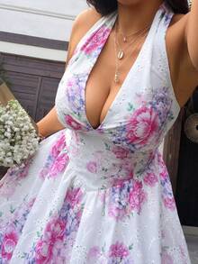 Sunnyshic Plus Size Elegant Vacation Rose Floral Embroidered Halter Dress, Spring/Summer - Pink - View 5