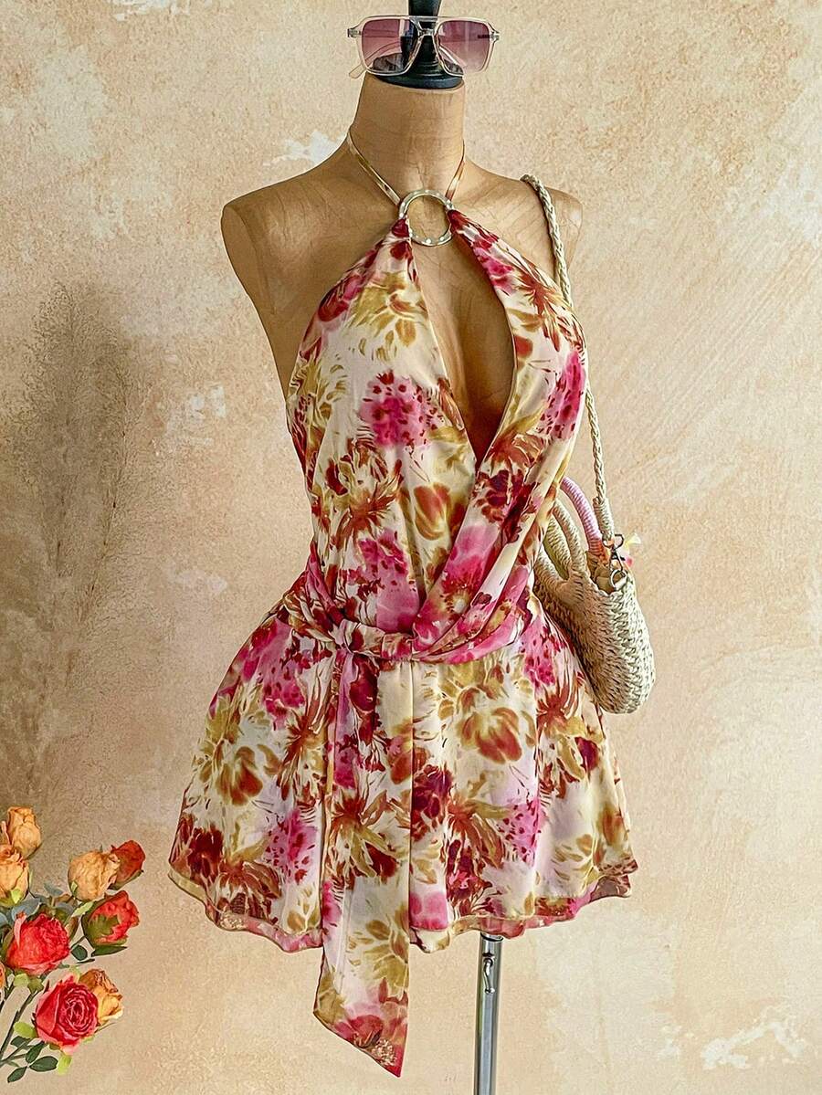 Soleia Women's Sexy Backless Floral Print Mini Dress, Beach Vacation Style - Multicolor - View 1