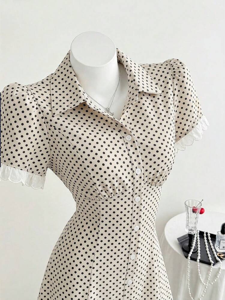 Comfortcana 2026 Spring/Summer New Fashion Women's Casual Apricot Polka Dot Print Button Mini Dress, Summer Christmas Lady's Outfit, Women's New Year's Eve Dress, Elegant Women's Polka Dot Dress,Summer Dresses For Women - Apricot - View 4
