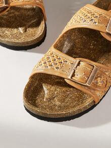 Solecia 女士鞋履春夏新款双扣带调节设计露趾平底休闲度假保暖凉拖鞋，适合旅行度假、海边旅行 - 暖棕色 - 查看 5