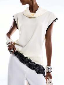 LYSMO 女士不对称下摆蕾丝边圆领衬衫 - 鵝黃色 - 查看 7