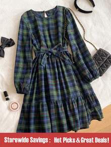 SHEIN Teen Girl Casual Everyday Commute Collegiate Style Patterned Print Lantern Sleeve Belted Dress, Spring/Autumn - Green - View 1