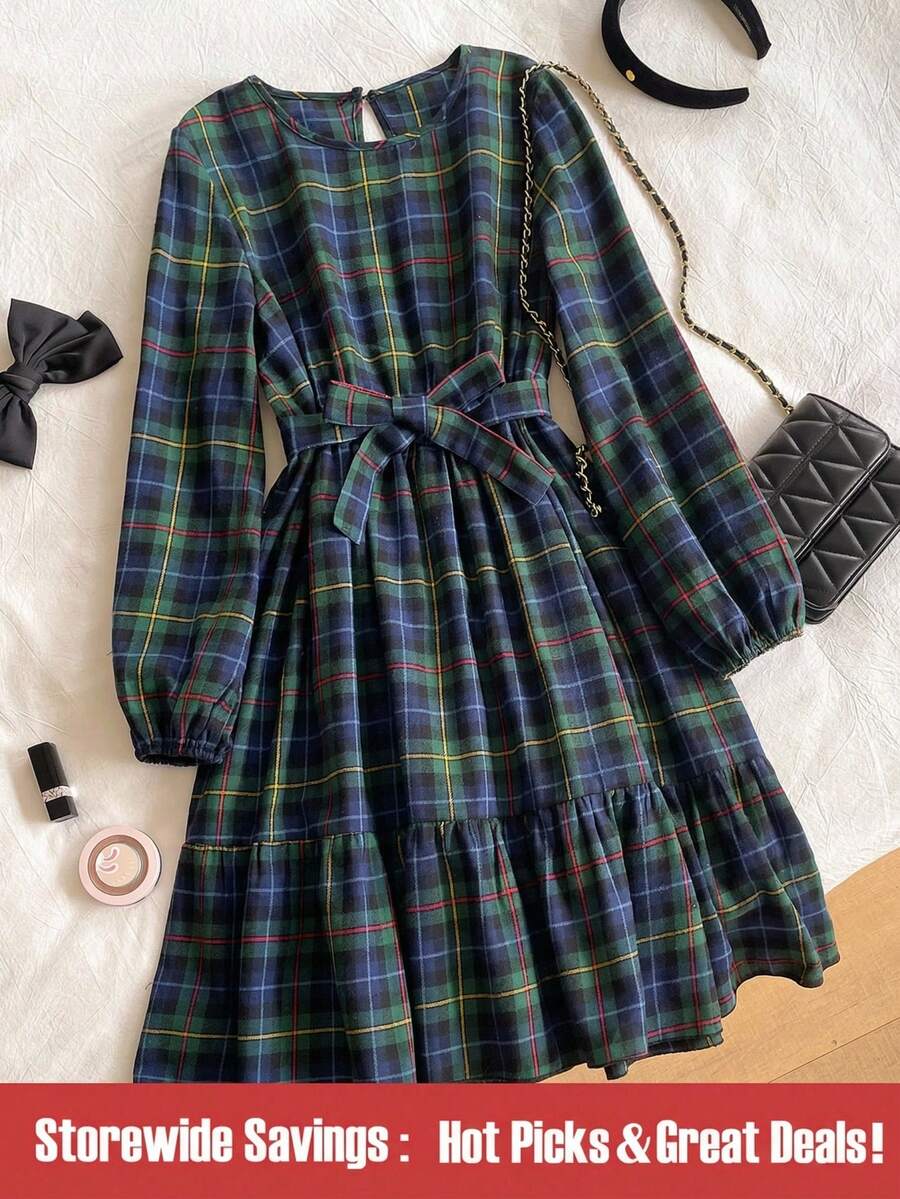 SHEIN Teen Girl Casual Everyday Commute Collegiate Style Patterned Print Lantern Sleeve Belted Dress, Spring/Autumn - Green - View 1