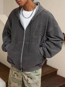 GALLERY FADE 男士街头时尚休闲刺绣连帽灰色牛仔夹克 - 深灰色 - 查看 2