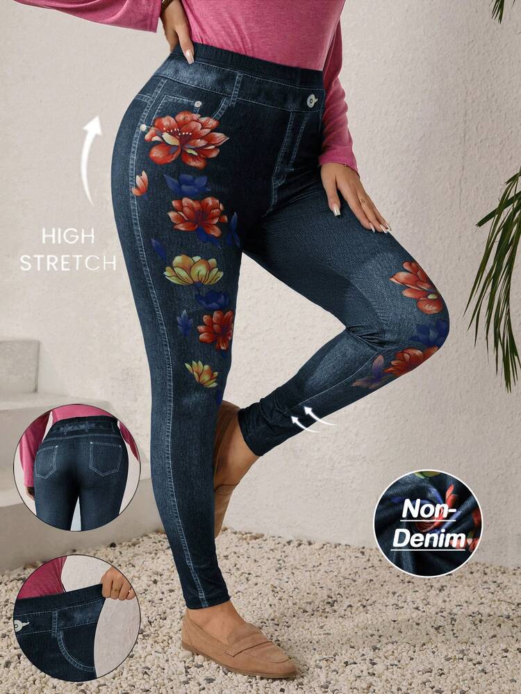 Plus Size Women's Fall/Early Spring Casual Fashion Vacation Floral Print High Stretch Faux Denim Print Leggings, Going Outs,2026 New ,Simple And Fashionable For Everyday Wear, Floral Legging, Vacations Women ,Holidays For Women, Spring/Summer