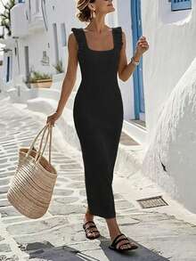 EMERY ROSE New Vintage Romantic Vacation European And American Style High-End Design Square Neck Backless Sexy Bombshell Soft Beige Knit Fitted Mid-Length Dress With Delicate Ruffle Hem, Sleeveless, Casual Wear; Minimalist Solid Color Personalized High-Waist Bodycon Party Cocktail Knit Sweater Dress For Women - Black - View 3