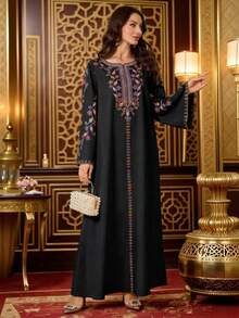 Al Najma Đầm truyền thống Ả Rập thêu hoa dành cho nữ, thích hợp cho các buổi tiệc, du lịch, thường ngày. - màu đen - Xem 9