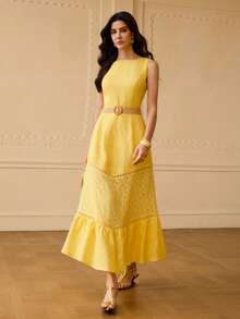 ZEYLAH 100% Linen Lace Patchwork Vacation Style Woven Belt Off Shoulder Long Dress, Spring/Summer - Yellow - View 5