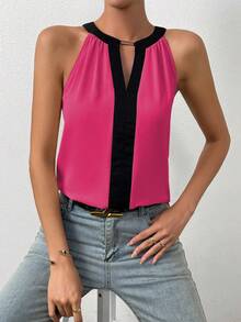 EMERY ROSE 撞色滚边钥匙孔领休闲无袖衬衫，适合夏季穿着 - 玫紅色 - 查看 3