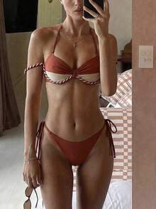 Swim Vcay Bộ bikini hai mảnh phối màu dành cho nữ, có gọng nâng ngực, dây đeo có thể tháo rời, thích hợp cho bãi biển, tiệc bể bơi, du thuyền, kỳ nghỉ. - Nhiều màu - Xem 3
