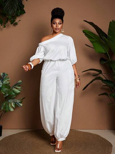 Maweii Plus Size White Asymmetric Neck Lantern Sleeve Slimming Loose Jumpsuit, White Jumpsuit, Oblique Shoulder Neckline, Summer Holiday Outfit, Holiday Attire, Lantern Sleeve, Suitable For Outings, Parties, Vacation
