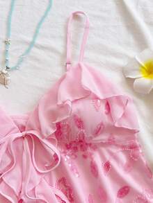 Soleia 女士春夏度假风花卉串珠刺绣荷叶边V领系带吊带背心，适合海滩、邮轮、公路旅行、假日、约会、下午茶、音乐节、波西米亚风、海滩度假、海岛度假、海滩度假村、音乐节等场合，四季皆宜，日常通勤也可穿着。 - 粉色 - 查看 3