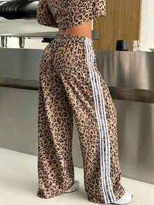 SHEIN EZwear 女士豹纹针织阔腿运动裤，春夏豹纹套装，动物纹套装，猎豹纹两件套裤装，两件套休闲套装，女士服装两件套，两件套休闲套装，女士两件套，女士两件套服装，女士两件套休闲装 - 卡其色 - 查看 4