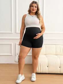 Plussiva Maternity Plus Size Adjustable Waist Striped Casual Shorts Gym Spring - Black - View 4