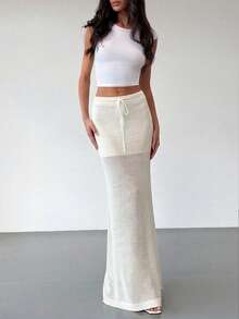 INAWLY Women's Vacation Knit Hollow-Out Mini Skirt - Beige - View 1