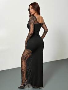 SHEIN PETITE 优雅浪漫约会之夜派对撞色蕾丝不对称下摆修身长裙，黑色长袖无肩带，适合派对、夜店、鸡尾酒会等场合，优雅女士连衣裙，新年礼服，优雅派对礼服，女士优雅连衣裙 - 黑色 - 查看 3