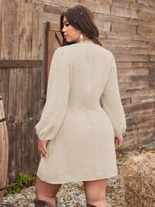 Ceyna Plus Size Square Neck Front Button Woven Tape Patchwork Long Sleeve Dress - Apricot - View 2