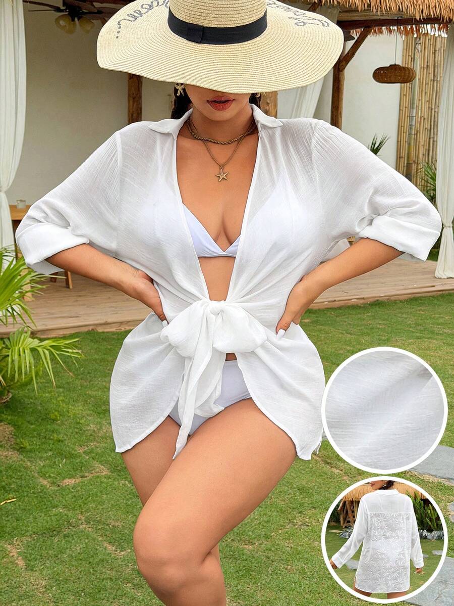 Swim Lushoire 大码女式白色长袖提花系带休闲沙滩和服罩衫 - 白色 - 查看 1