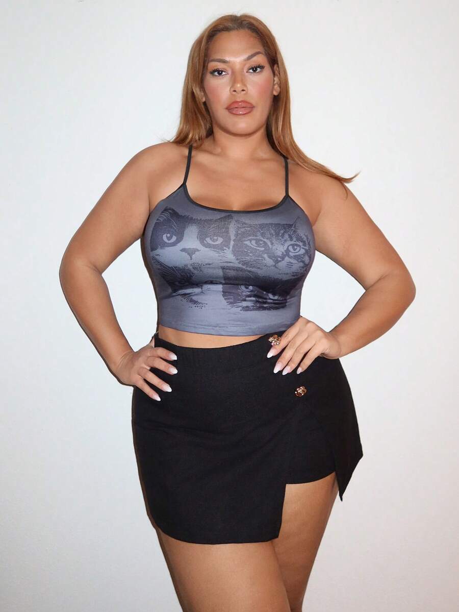 MelDlgn 女士短款性感猫咪印花背心，适合夏季 - 彩色 - 查看 1