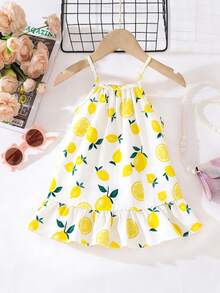 SHEIN Playful Pals Baby Girls' Lemon Print Sleeveless Dress, White Base With Vibrant Colorful Pattern, Suitable For Summer Wear - Yellow - View 2