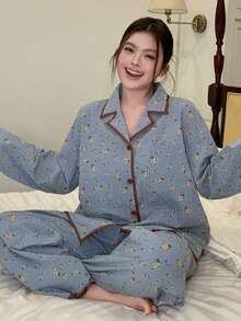 Dazy Plus 两件套加大码女式碎花休闲宽松睡衣套装，翻领上衣和裤子 - 藍色 - 查看 9