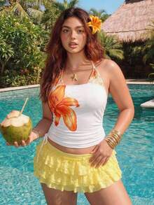 ROMWE Vacation Style Retro Y2K Vintage Lily Flower Floral Pattern 2 In 1 Plus Size Camisole And Tank Top - White - View 5