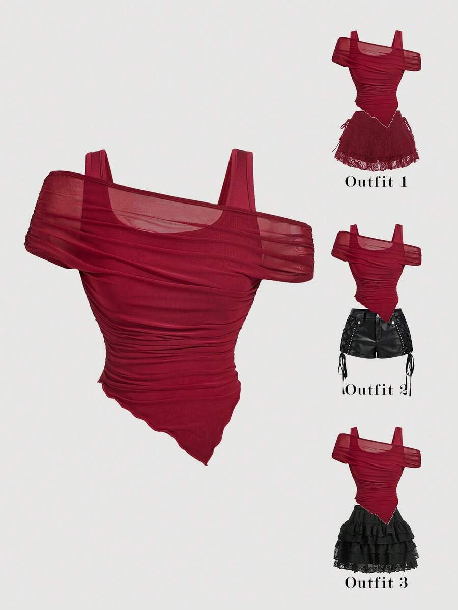 SHEIN MOD 不对称肩部 2 合 1 尖叫下摆女式 T 恤 - 酒紅色 - 查看 1