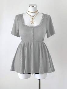 Sunspun Plus Size Square Neck Patchwork Ruffle Trim Button Decor A-Line Short Sleeve Knit Elegant Retro Casual Cute Vacation T-Shirt For Women - Grey - View 6
