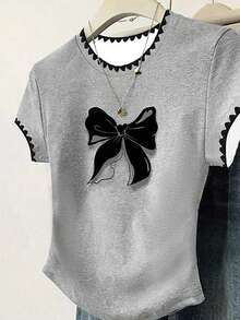 Áo thun ngắn tay dáng lửng in hình nơ dành cho nữ tuổi teen, kiểu dáng thoải mái và năng động cho mùa xuân/hè, phù hợp cho các hoạt động ngoài trời, thể thao, chụp ảnh, ở nhà, đi học, lễ hội, làm quà tặng. - Nhiều màu - Xem 3