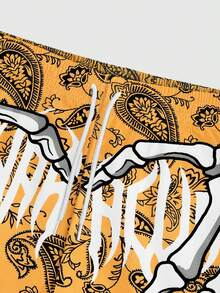 ROMWE MEN Goth Men's Summer Casual Paisley & Skull Print Drawstring Waist Shorts - Multicolor - View 5