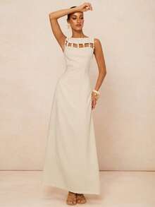 Lumalex 女士春夏优雅杏色通勤连衣裙，饰有纹理树脂珠，无袖圆领收腰修身A字裙 - 杏色 - 查看 5