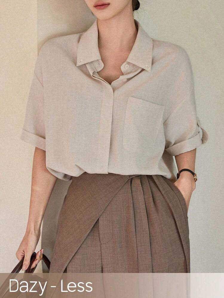 Women's Solid Color Short Sleeve Single-Breasted Casual Pocket Shirt Summer