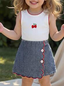 Genkimix Kids Infant/Toddler Girls' Ivory Sleeveless Cherry Blossom Embroidered T-Shirt Vest Top And Denim Embroidered Set, Unique Design Summer Fashion Outfit - White - View 9