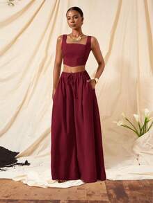 Zivah 新款春夏度假休闲鱼骨吊带上衣和阔腿裤两件套，带口袋，纹理面料 - 酒紅色 - 查看 8