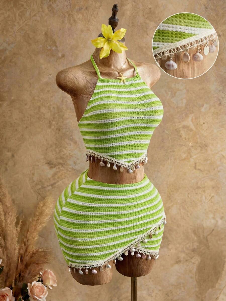 Mistrie Conjunto de 2 piezas con top halter con ribete de concha a rayas y minifalda para mujer - Verde - Ver 1