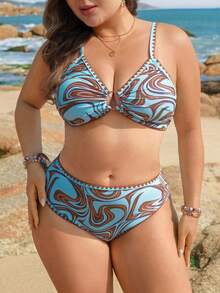 Swim Lushoire 2026 New Plus Size Women Floral Trim Bikini Set - Blue - View 1