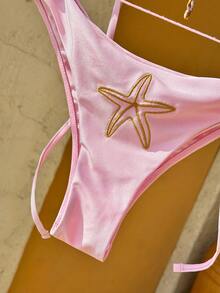 Swim Mod Embroidered Solid Color Tie-Up Bikini Set Bathing Suit Accessories Swimwear - Pink - View 6