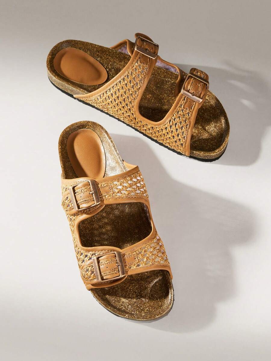 Solecia 女士鞋履春夏新款双扣带调节设计露趾平底休闲度假保暖凉拖鞋，适合旅行度假、海边旅行 - 暖棕色 - 查看 1