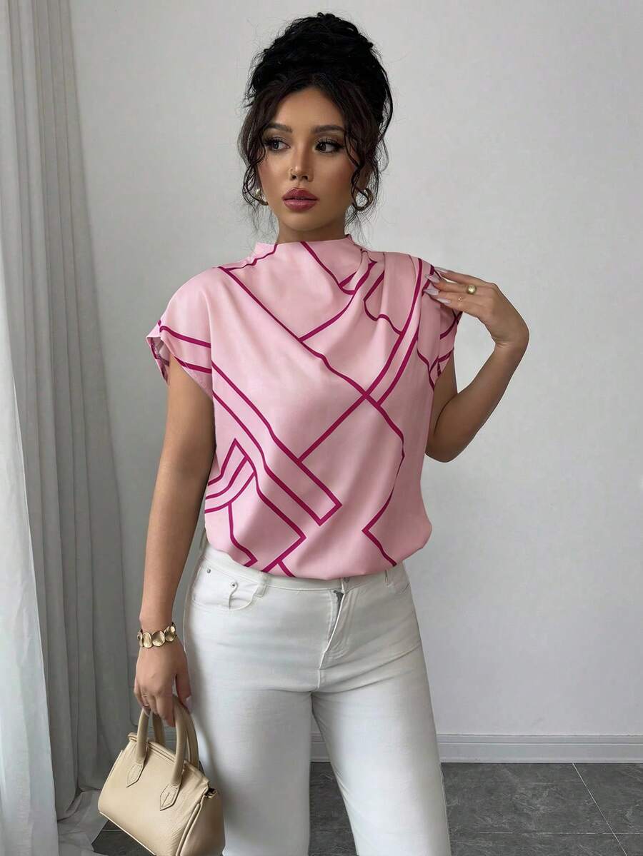 Elenzga 女士春夏休闲优雅立领不对称几何数码印花短袖衬衫 - 粉色 - 查看 1