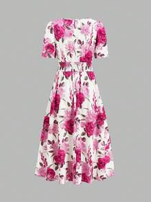 Ellevyn A-Line Waist Cinched Romantic Floral Print Dress  Summer Vacation Outfits Women Going Out Outfits - Coral Pink - View 7