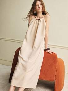 Écloséra 女士休闲度假连衣裙，女士吊带背心裙，夏季女装，卡其色连衣裙，彩色串珠女士度假连衣裙，女士休闲连衣裙 - 杏色 - 查看 1