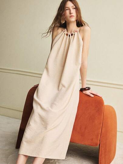 Écloséra Women's Casual Vacation Dress, Ladies' Spaghetti Strap Tank Dress, Summer Women's Clothing, Khaki Color Dress, Colorful Beaded Ladies' Resort Dress, Women's Casual Dress