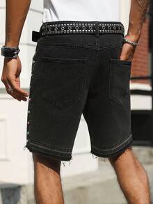 Manfinity EMRG Spring & Summer Casual Street Washed Black Straight Loose Detachable Hem Rhinestone Studded Coated Distressed Denim Shorts - Black - View 2