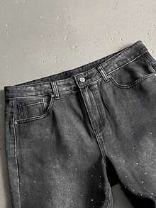 Manfinity EMRG Quần ống rộng dáng suông nam phong cách đường phố Mỹ, chất liệu vải denim bạc màu, đính đá lấp lánh. - màu đen - Xem 4